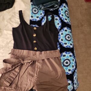 Black Button-Up Tank Top with Brown Tie-Waist Shorts